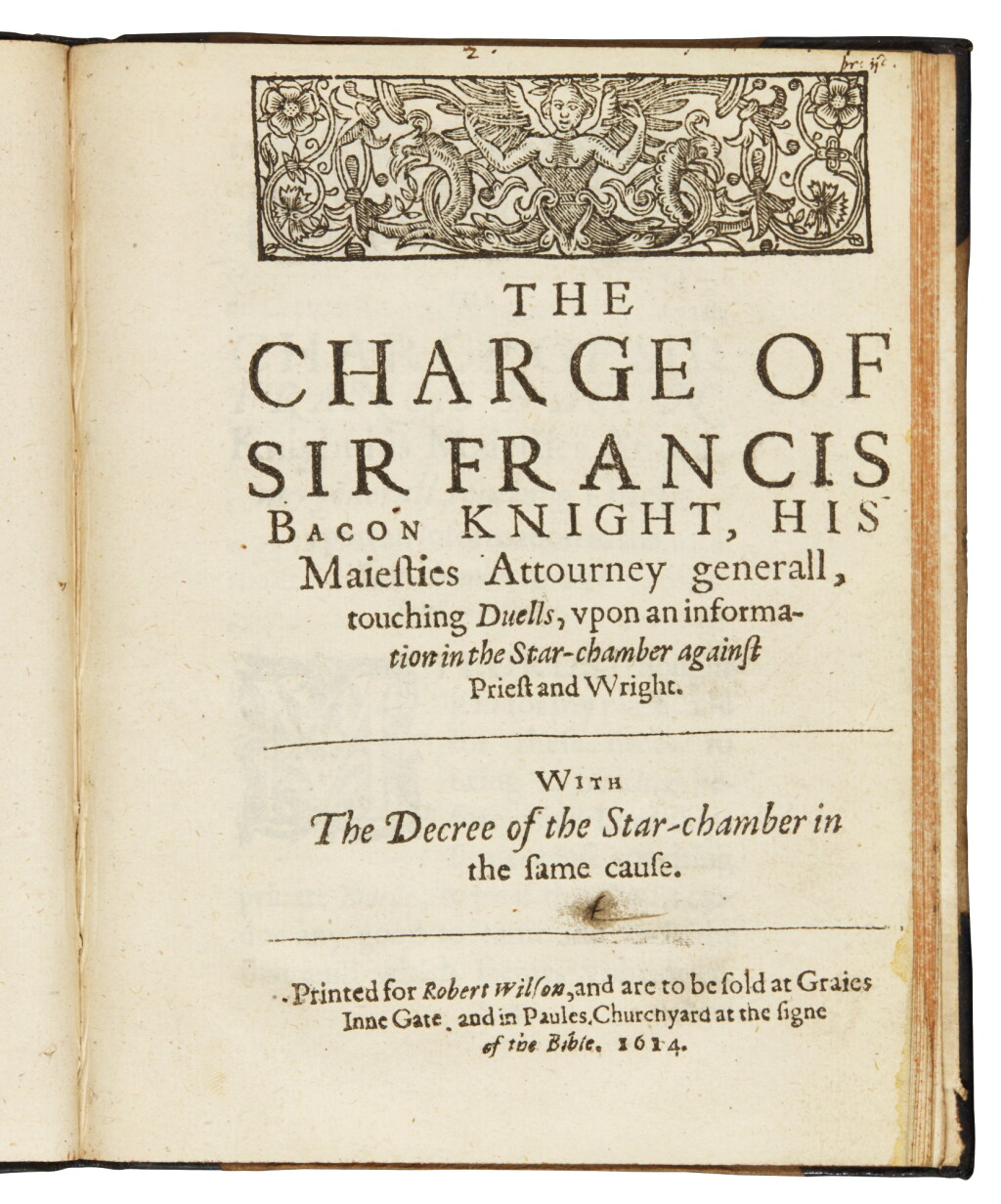 View full screen - View 1 of Lot 129. Duels - Selden, The Duello, 1610; Bacon, The charge of Sir Francis Bacon, 1614, 2 vol. in one.