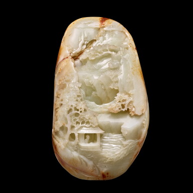 View full screen - View 1 of Lot 3696. A finely carved white and russet jade 'Gengzhi tu' boulder, Qing dynasty, Qianlong period | 清乾隆 白玉耕織圖山子.
