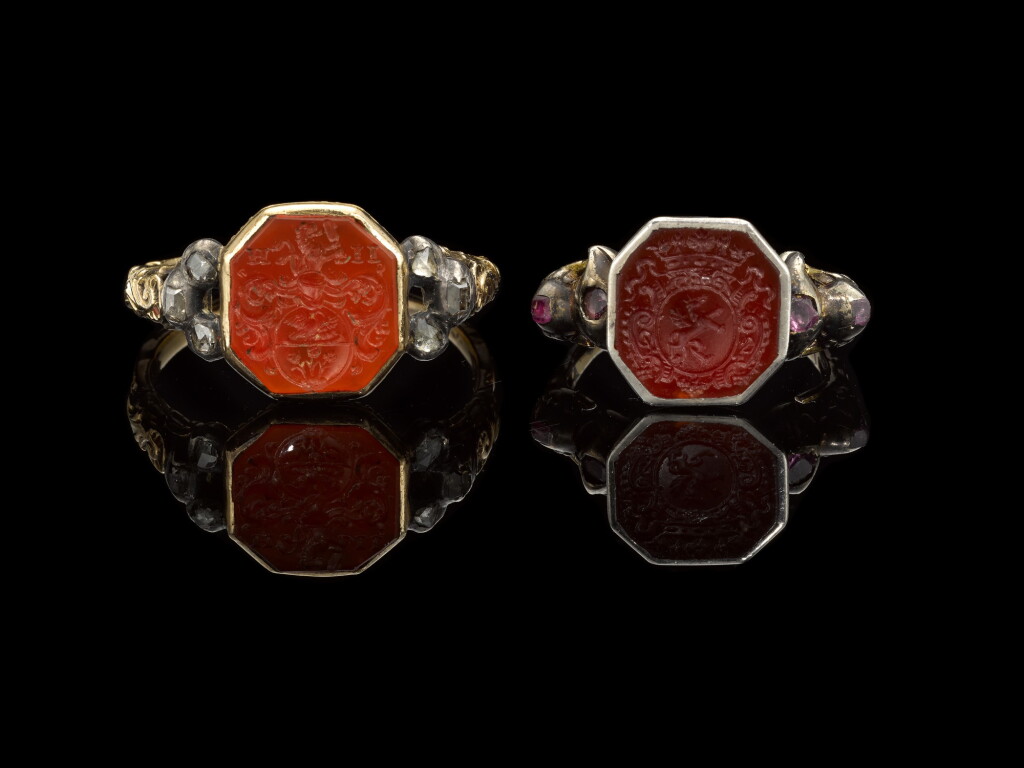 View full screen - View 1 of Lot 37. PROBABLY GERMAN, CIRCA 1700 | TWO RINGS SET WITH ARMORIALS.