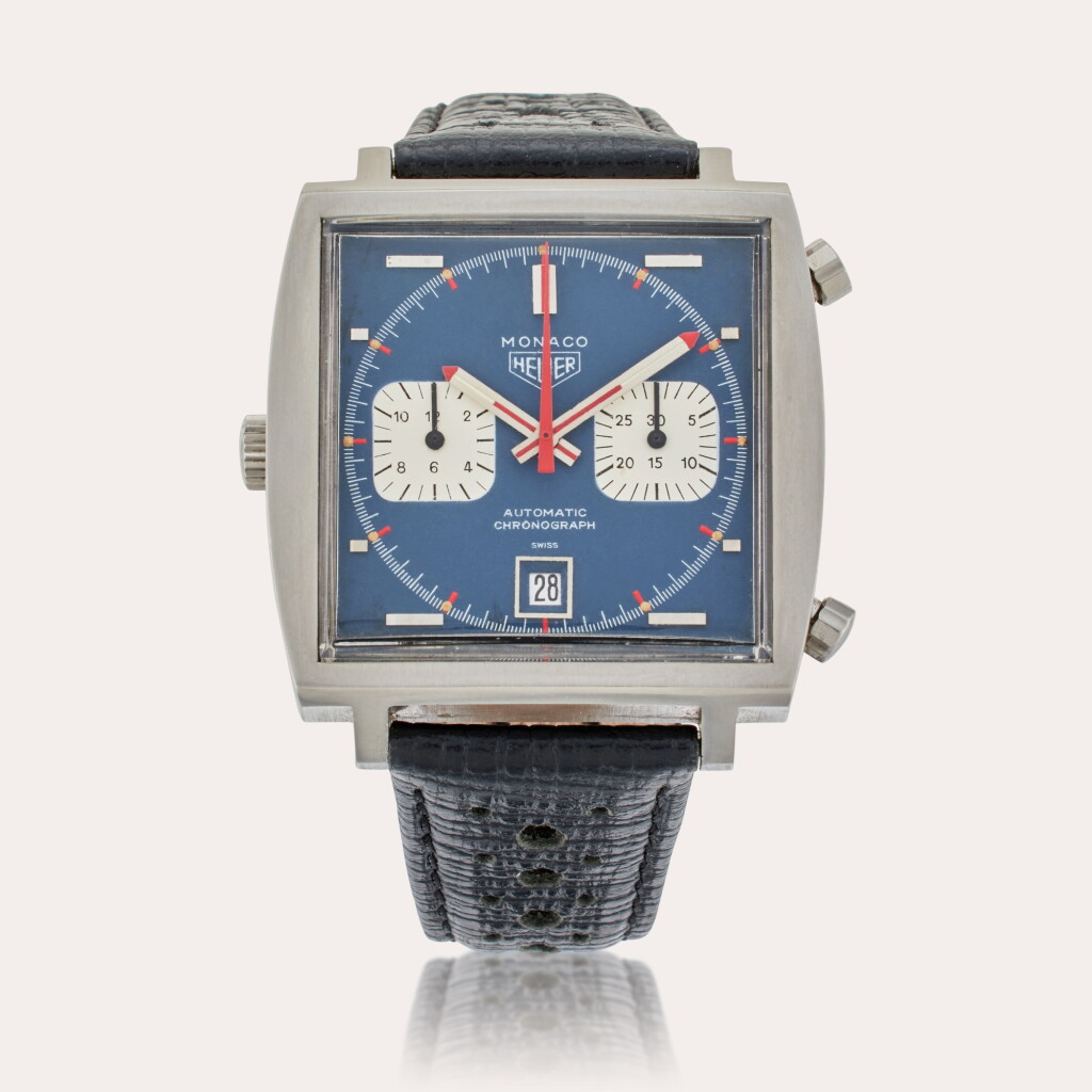 View full screen - View 1 of Lot 128. Reference 1133B Monaco | A rare stainless steel square automatic chronograph wristwatch with date, Owned and Screenworn by Steve Mcqueen in Le Mans, Circa 1969.