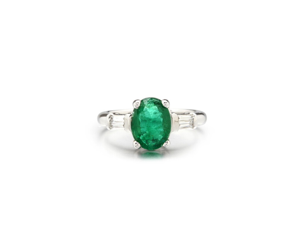 View full screen - View 1 of Lot 72. EMERALD AND DIAMOND RING.