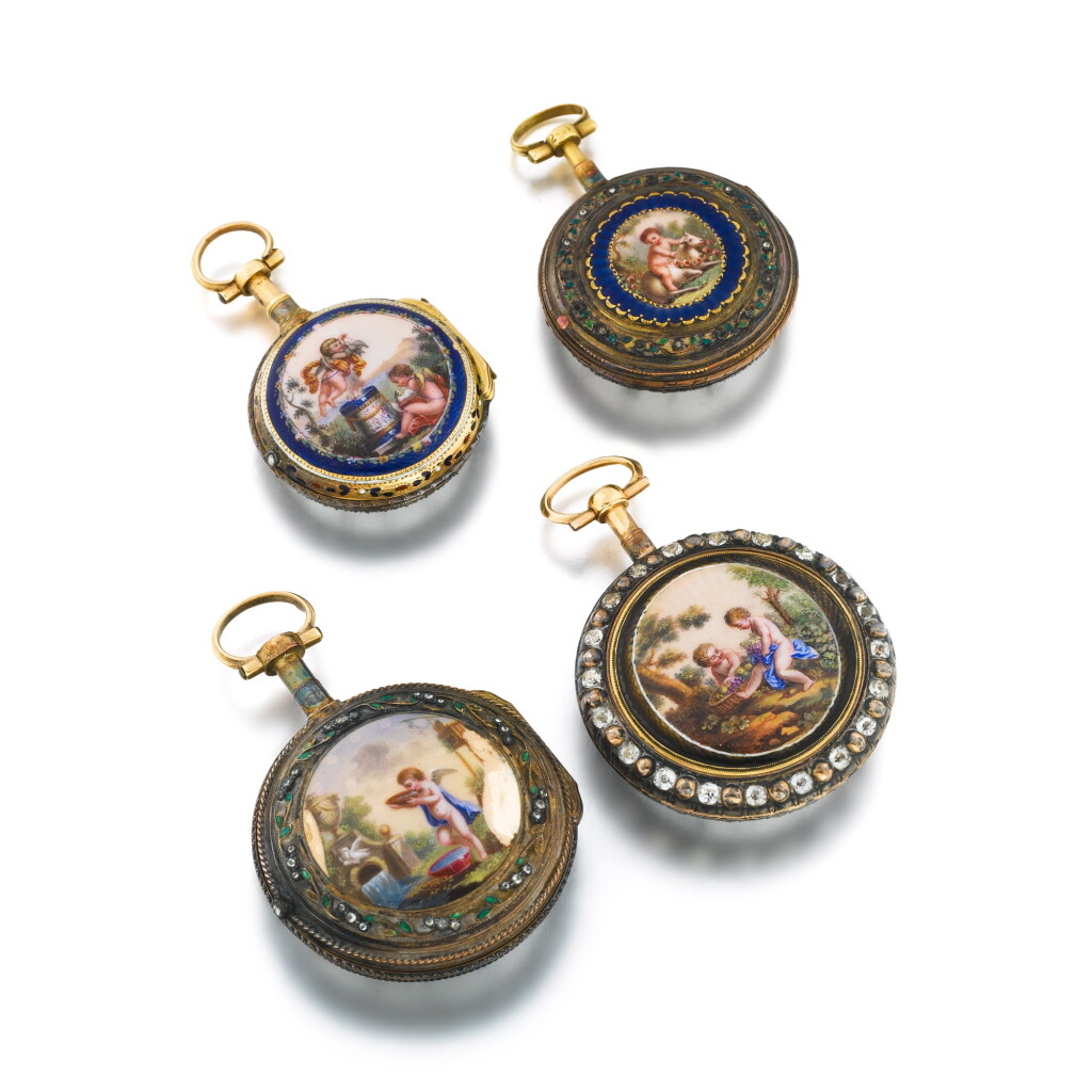 View full screen - View 1 of Lot 1095. Four gold and enamel verge watches, circa 1780.