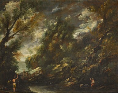 View full screen - View 1 of Lot 167. ANTONIO FRANCESCO PERUZZINI AND WORKSHOP | A wooded river landscape with fishermen.