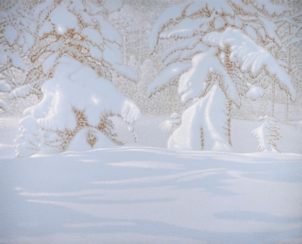 View full screen - View 1 of Lot 135. Snow-covered fir trees on a shimmering winter day.
