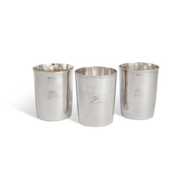View full screen - View 1 of Lot 50. A Set of Three American Silver Beakers with the Sargent Crest, Paul Revere, Jr., Boston, Massachusetts, circa 1785-90.