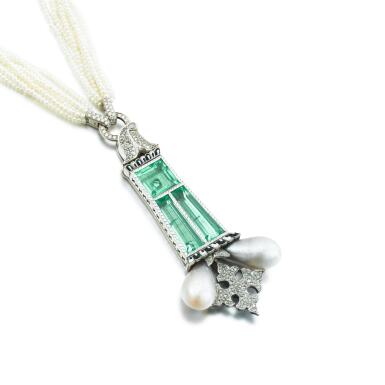 View full screen - View 1 of Lot 222. Green beryl, natural pearl and diamond necklace.