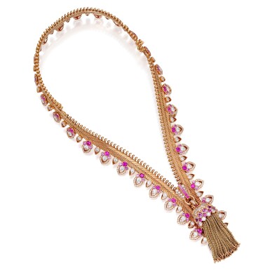 View full screen - View 1 of Lot 18. Van Cleef & Arpels | Pink Gold, Pink Sapphire and Diamond 'Zip Antique Udaipur' Necklace-Bracelet Combination, France.