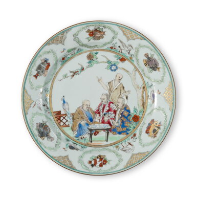 View full screen - View 1 of Lot 159. A Chinese Export Famille-Rose 'Doctor's Visit' Plate, Qing Dynasty, Qianlong period, Circa 1740 | 清乾隆 約1740年 粉彩人物故事圖盤.