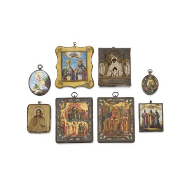 View full screen - View 1 of Lot 68. A group of eight small Russian medallion icons, various makers, materials and dates .