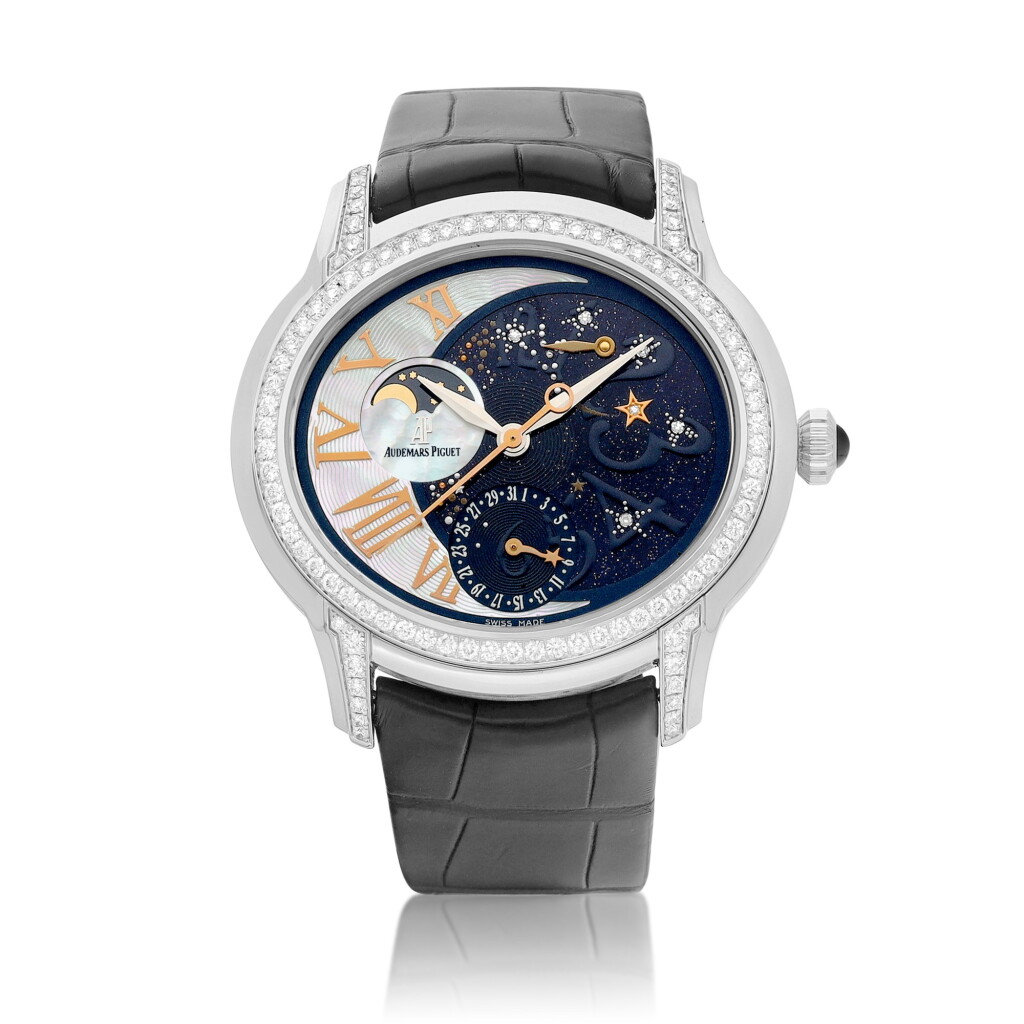 View full screen - View 1 of Lot 8042. Millenary | A white gold and diamond-set wristwatch with power reserve indication, moon phases, date and mother-of-pearl dial, Circa 2010 | 愛彼 | Millenary | 白金鑲鑽石腕錶,備動力儲備、月相、日期顯示及珠母貝錶盤,約2010年製.