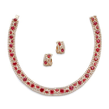 View full screen - View 1 of Lot 261. Ruby and Diamond Demi-Parure | 紅寶石 配 鑽石 項鏈 及 耳夾 套裝.