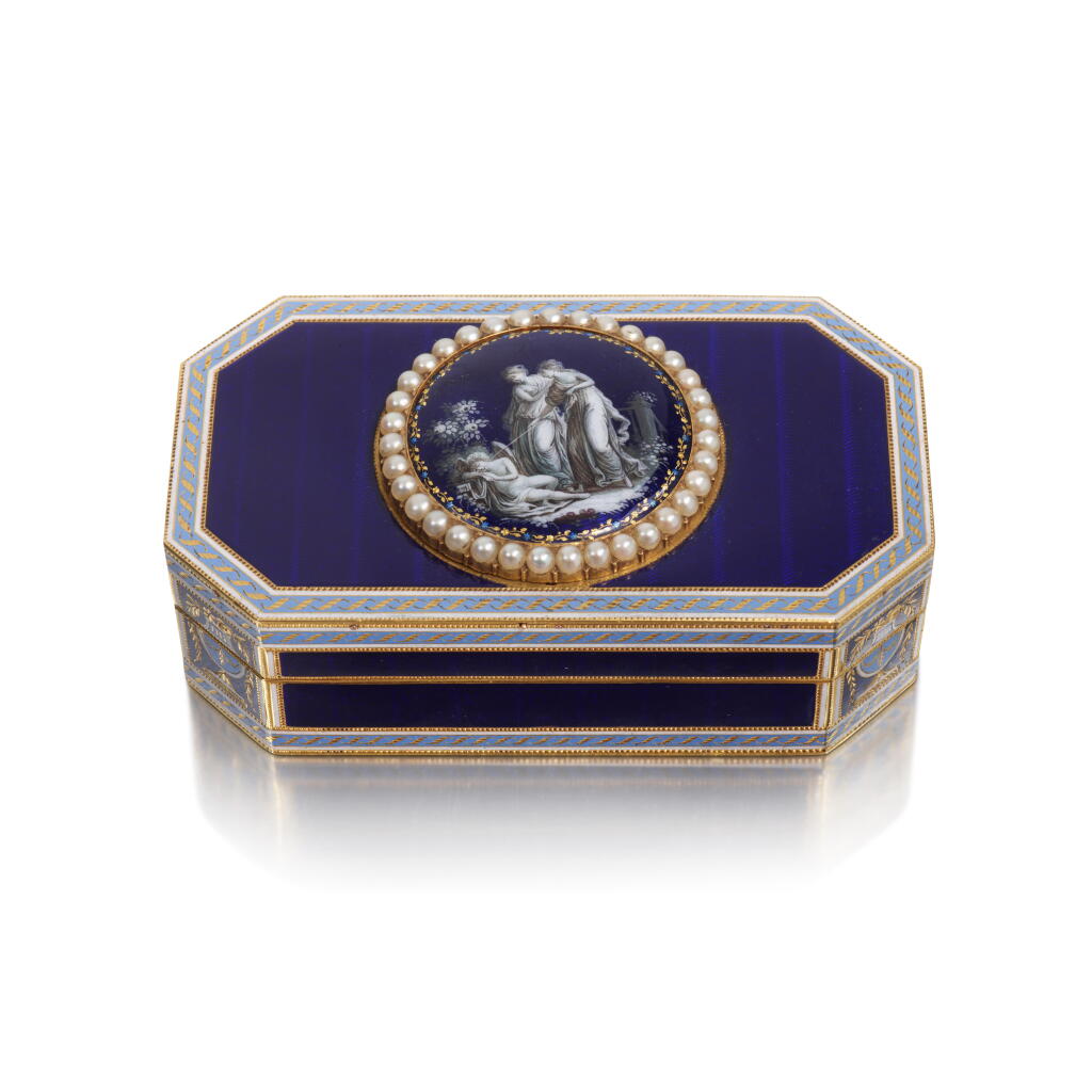 View full screen - View 1 of Lot 157. A Pearl-Set Gold and Enamel Watch Snuff Box, Probably Geneva, Circa 1800.