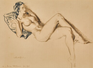 View full screen - View 1 of Lot 128. Nude model on a blue cushion.
