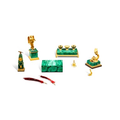 View full screen - View 1 of Lot 99. A group of seven Russian gilt-bronze mounted malachite desk accessories, 19th century | Groupe de sept accessoires de bureau en malachite et bronze doré, Russie, XIXe siècle.