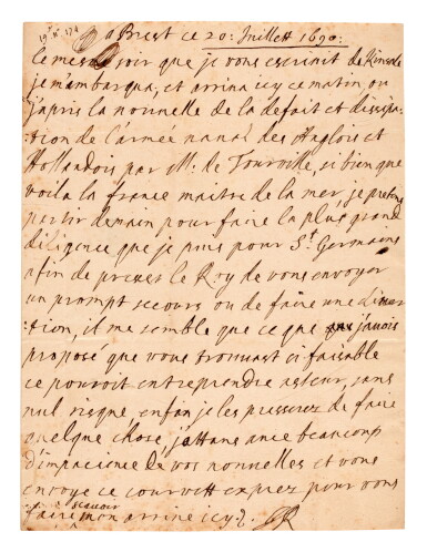 View full screen - View 1 of Lot 64. JAMES II | autograph letter signed, to the Comte de Lauzun, 1690.