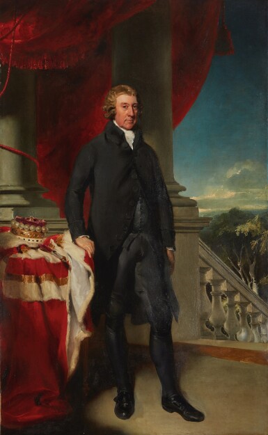 View full screen - View 1 of Lot 422. Portrait of Thomas Dawson, 1st Viscount Cremorne, full length, with his hand resting on a table.