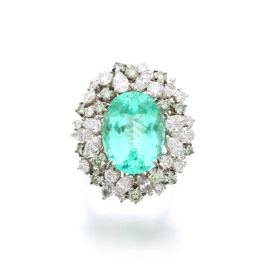 View full screen - View 1 of Lot 907. Paraíba Tourmaline, Coloured Diamond and Diamond Ring.