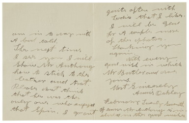 View full screen - View 1 of Lot 2140. Oakley, Annie. Autograph letter signed, 27 February 1921, to Mrs. W.P. Anthony.