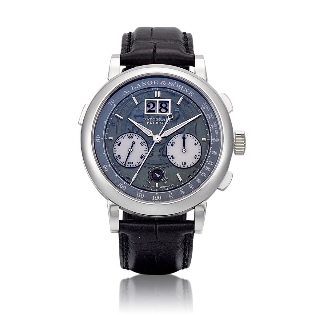View full screen - View 1 of Lot 2157. Datograph Up/Down "Lumen", Reference 405.034 | A limited edition platinum semi-skeletonised flyback chronograph wristwatch with digital date display and power reserve indication, Circa 2019 | 朗格 | Datograph Up/Down "Lumen" 型號405.034 | 限量版鉑金半鏤空飛返計時腕錶,備數位日期及動力儲備顯示,約2019年製.