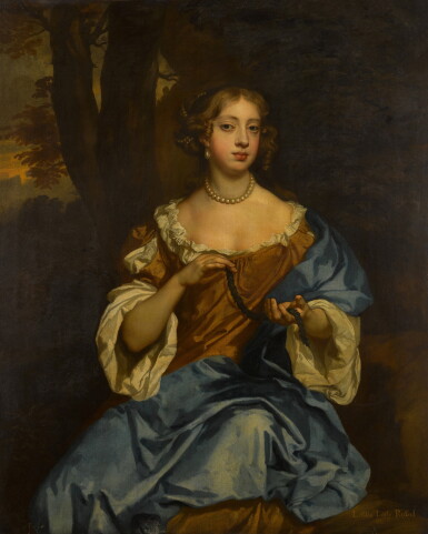 View full screen - View 1 of Lot 37. Portrait of Letitia, later Lady Russell (c. 1645–1721), three-quarter-length, seated in a landscape, wearing a brown dress and a blue cloak, holding a garland of leaves.