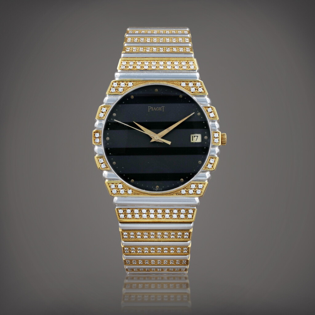 View full screen - View 1 of Lot 714. Polo, reference 15661 C725 Montre bracelet en or jaune et blanc sertie de diamants avec date | Yellow and white gold diamond-set bracelet watch with date Vers 1980 | Circa 1980.