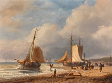 View full screen - View 1 of Lot 373. A beach landscape with vessels and figures.