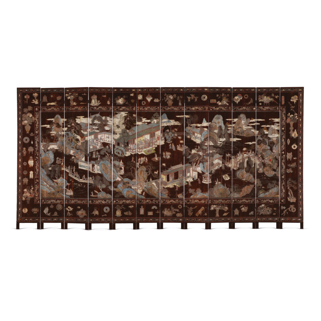 View full screen - View 1 of Lot 730. AN INSCRIBED TWELVE-PANEL COROMANDEL LACQUERED SCREEN, QING DYNASTY, KANGXI PERIOD.
