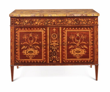 View full screen - View 1 of Lot 178. A NORTH ITALIAN NEOCLASSICAL ROSEWOOD, AMARANTH, WALNUT AND FRUITWOOD MARQUETRY COMMODE, LOMBARDY, CIRCA 1800.