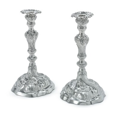 View full screen - View 1 of Lot 755. A PAIR OF BELGIAN SILVER CANDLESTICKS, ANTONIUS JOHANNES DE HONDT, BRUSSELS, 1764.