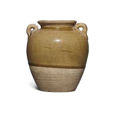 View full screen - View 1 of Lot 24. A small yellow-glazed handled jar, Tang dynasty | 唐 黃釉雙繫小罐.