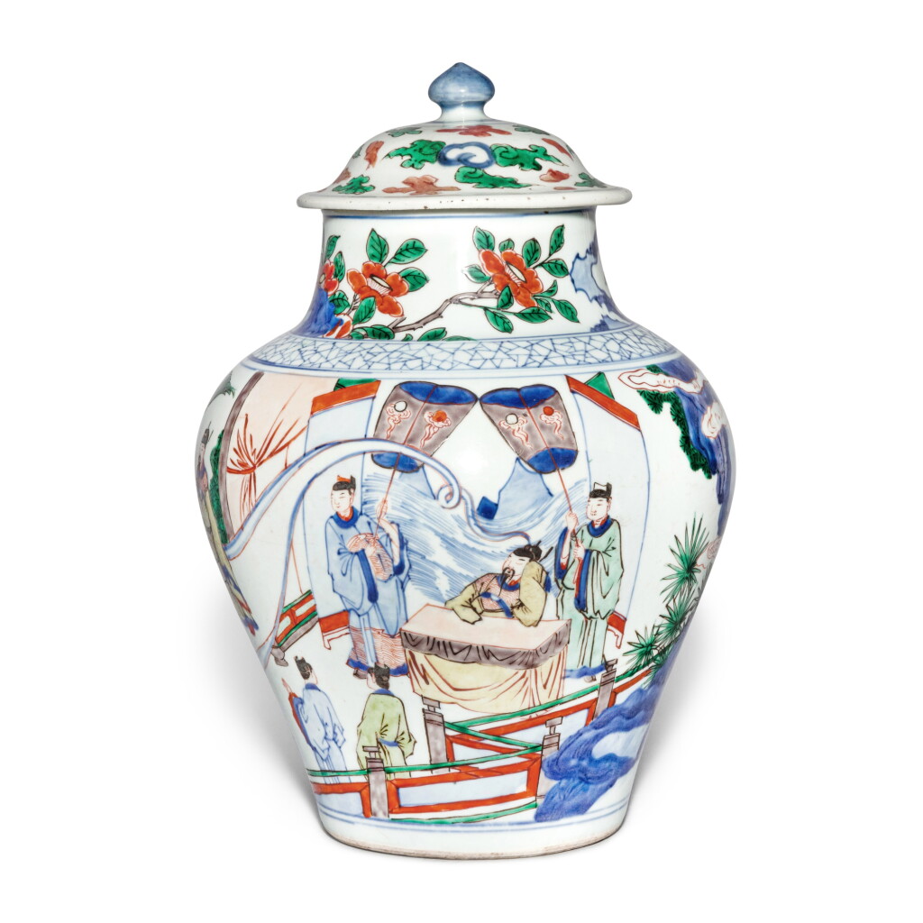 View full screen - View 1 of Lot 694. A wucai 'figural' jar and a cover, Qing dynasty, Shunzhi period | 清順治 青花五彩人物故事圖配蓋.