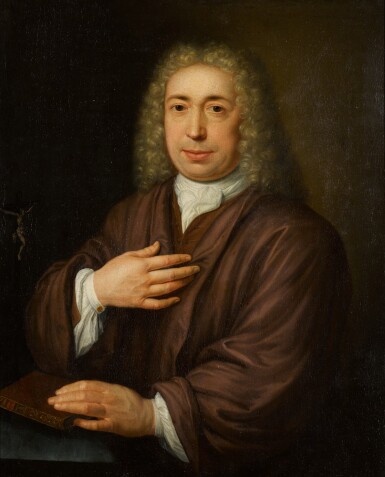 View full screen - View 1 of Lot 37. ABRAHAM CARREE | Portrait of a gentleman, half-length, seated at a table with a crucifix, his hand resting on a Bible.