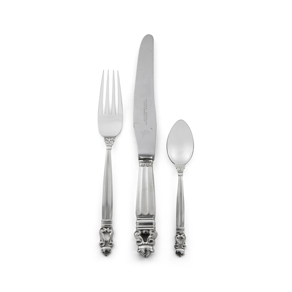 View full screen - View 1 of Lot 12. A Danish Silver Acorn Pattern Flatware Service, Georg Jensen Silversmithy, Copenhagen, 20th Century.