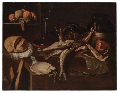 View full screen - View 1 of Lot 475. Still Life of Fruit, Assorted Fish, and Sundry Kitchen Items.