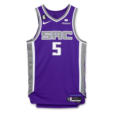 View full screen - View 1 of Lot 159. De’Aaron Fox Sacramento Kings 2022-2023 Game Worn Icon Edition Jersey | 37 Points.