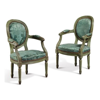 View full screen - View 1 of Lot 542. A PAIR OF LOUIS XVI STYLE GREEN-PAINTED FAUTEUILS D'ENFANT.