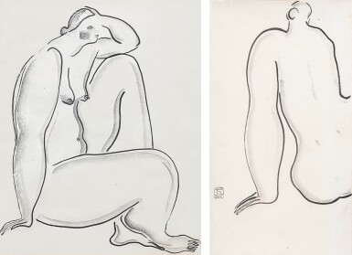 View full screen - View 1 of Lot 106. Sanyu 常玉 | i. Seated nude with raised elbow ii. Silhouette of a woman’s back i. 舉起手臂的裸女 ii. 女子背影.