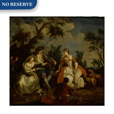 View full screen - View 1 of Lot 80. A couple with a birdcage in a park, surrounded by other figures and dogs.