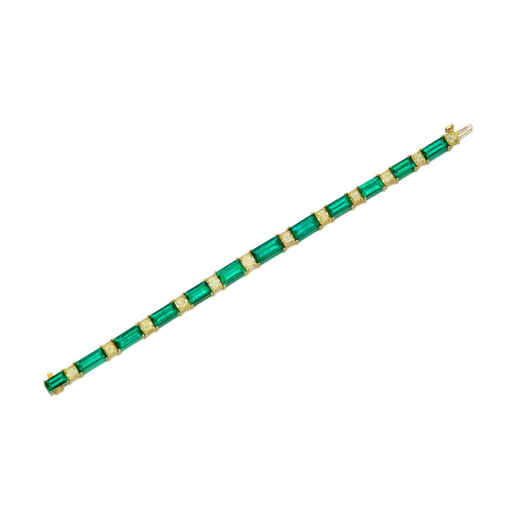 View full screen - View 1 of Lot 846. Emerald and Fancy Yellow diamond bracelet.