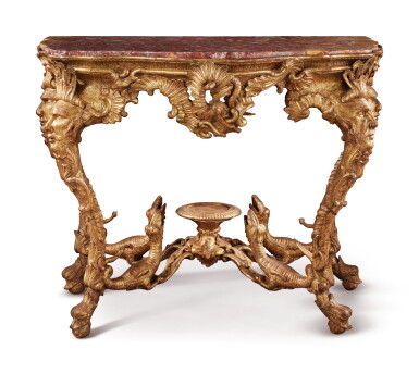 View full screen - View 1 of Lot 119. A ROCOCO GILTWOOD CONSOLE WITH INSET BROCATELLE D'ESPAGNE TOP, PROBABLY NORTH ITALIAN, POSSIBLY GENOA, SECOND QUARTER 18TH CENTURY.