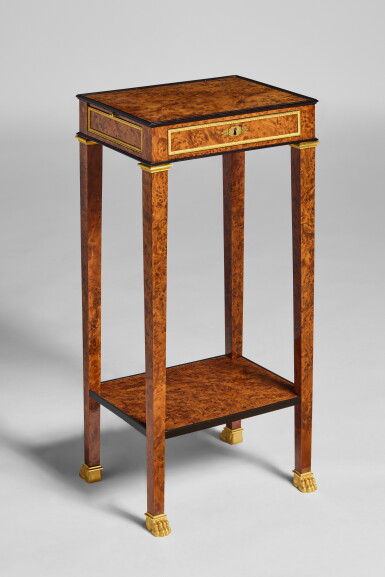 View full screen - View 1 of Lot 395. A Consulat Gilt Bronze Mounted and Brass-Inlaid Burr Yew and Ebonized Fruitwood Occasional Table attributed to Martin-Guillaume Biennais, Circa 1800.