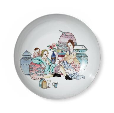 View full screen - View 1 of Lot 1088. A ruby-back famille-rose 'European subject' dish, 20th century | 二十世紀 粉彩西洋人物圖盤 《大清雍正年製》仿款.