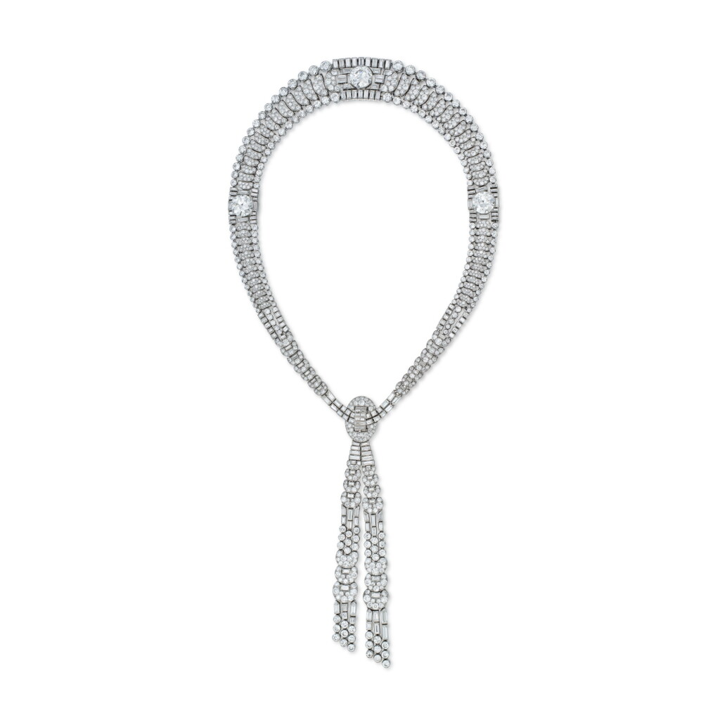View full screen - View 1 of Lot 98. A Highly Important and Rare Diamond 'Tie' Necklace, France.