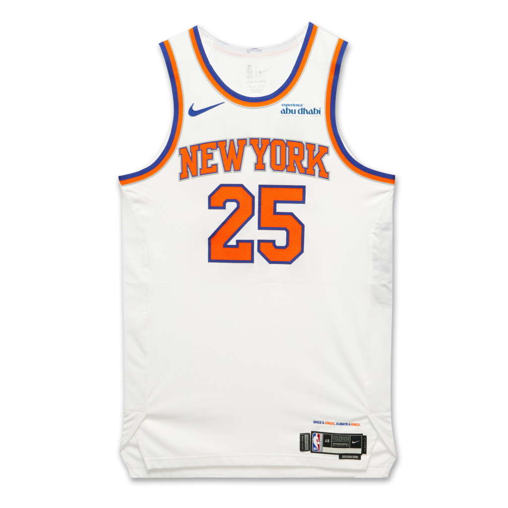 View full screen - View 1 of Lot 17. Mikal Bridges ‘Knicks Debut’ New York Knicks 2024-2025 Kia NBA Tip-Off Game Worn Association Edition Jersey.