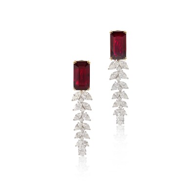 View full screen - View 1 of Lot 1706. Ruby and Diamond Pendent Earrings | 8.05 及 6.06克拉 天然「莫桑比克」未經加熱紅寶石 配 鑽石 耳墜一對.