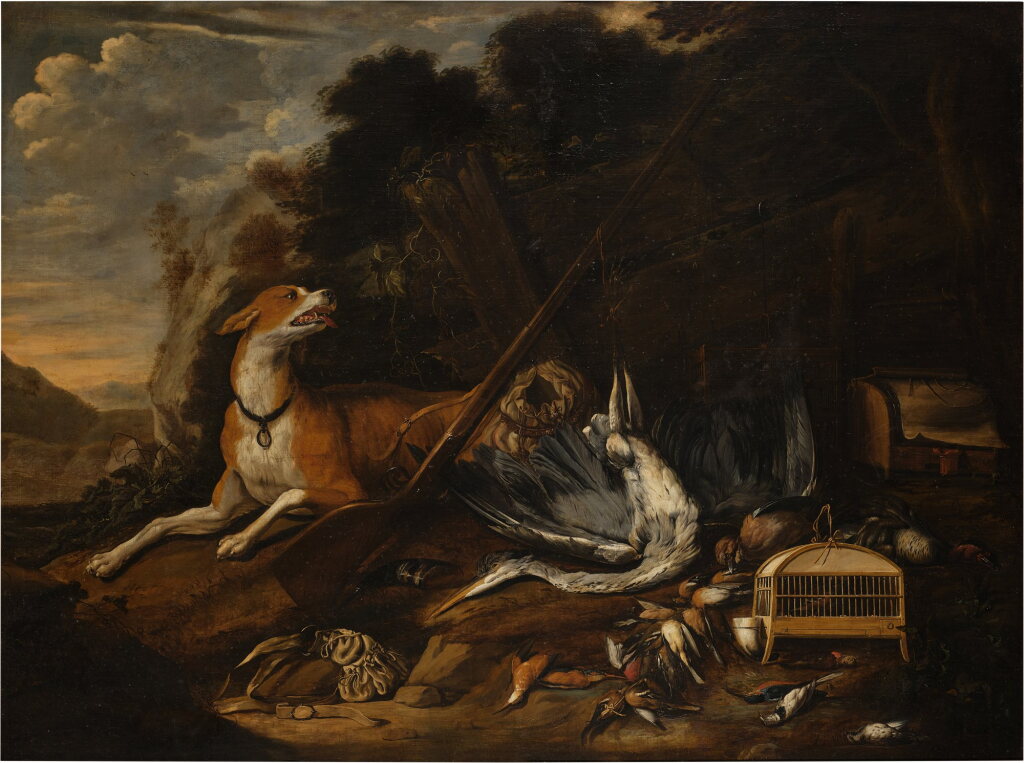 View full screen - View 1 of Lot 46. Hunting scene with a hound, a dead heron, feathered game, a birdcage, and a rifle.