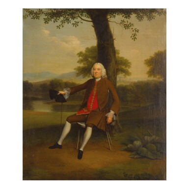 View full screen - View 1 of Lot 111. ARTHUR DEVIS | PORTRAIT OF A GENTLEMAN SEATED, FULL-LENGTH, IN A BROWN COAT AND RED WAISTCOAT, HIS HAT AND CANE IN HIS HAND, BEFORE A RIVER LANDSCAPE .