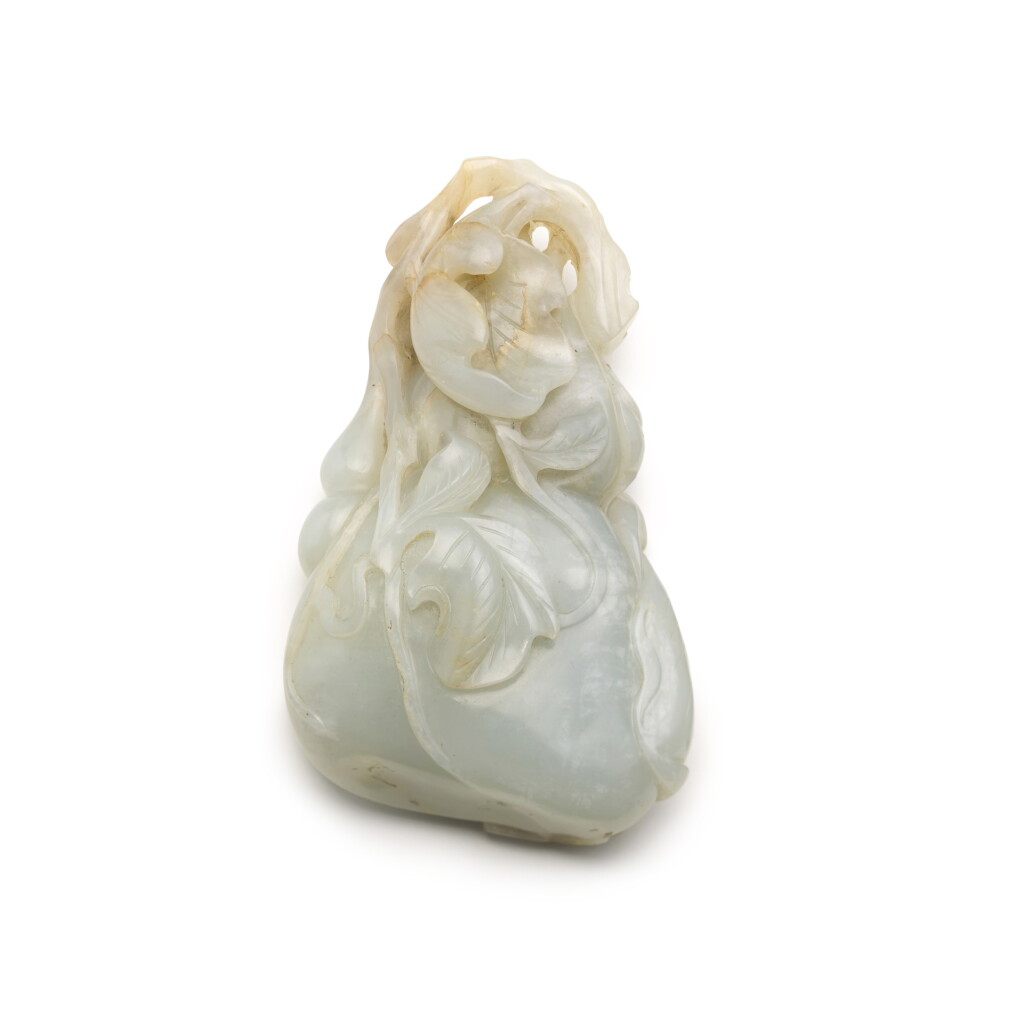 View full screen - View 1 of Lot 252. A GREYISH-GREEN JADE DOUBLE GOURD, QING DYNASTY 18TH/19TH CENTURY | 清十八/十九世紀 青玉福壽綿綿紋把件.