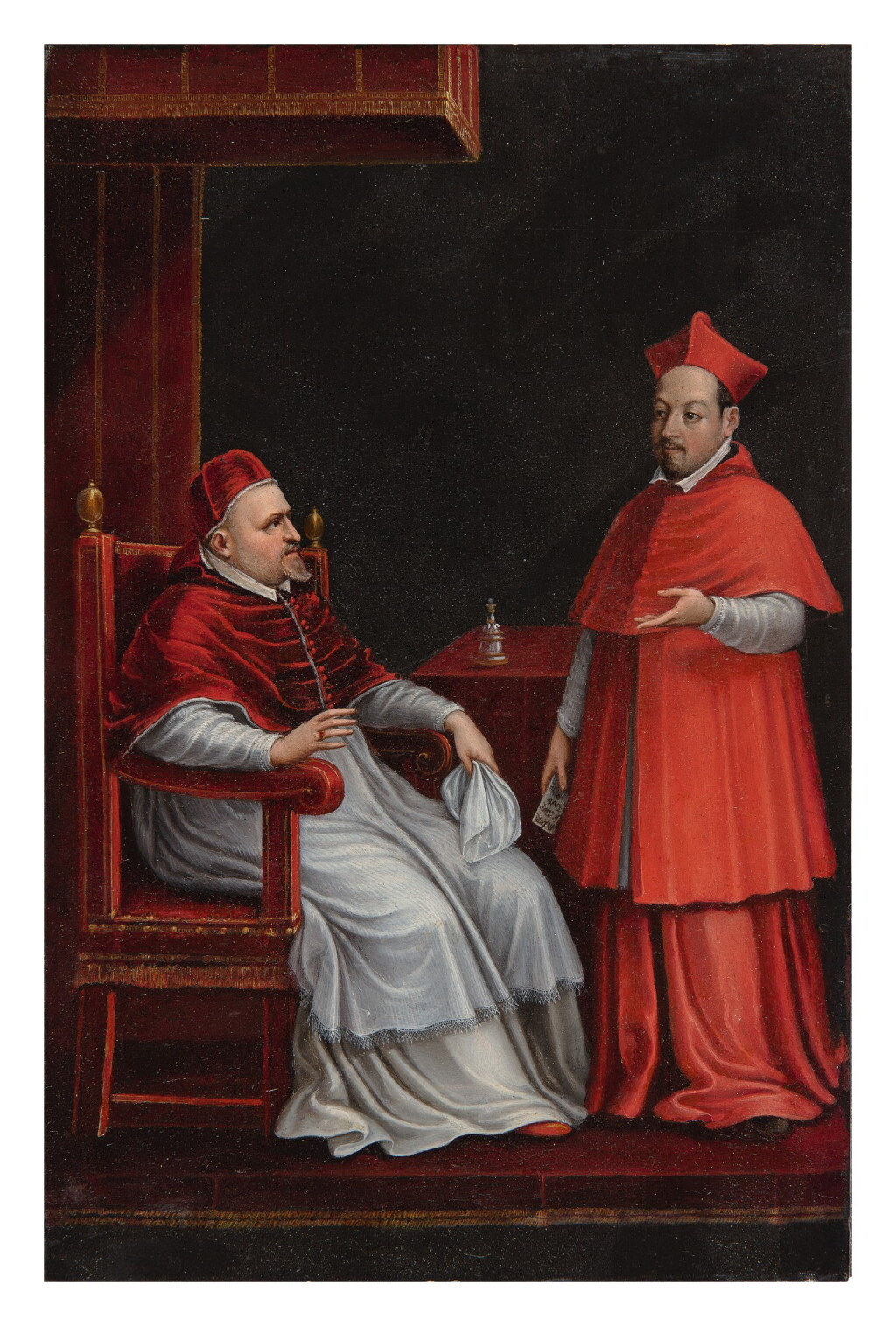 View full screen - View 1 of Lot 604. Pope Paul V, seated, with his nephew Scipione Borghese, standing, both full-length in an interior.