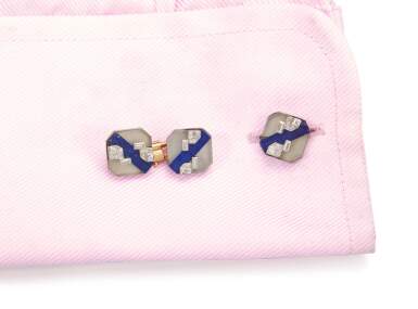 View full screen - View 1 of Lot 1067. PAIR OF ROCK CRYSTAL, LAPIS LAZULI AND DIAMOND CUFFLINKS, 1930S.